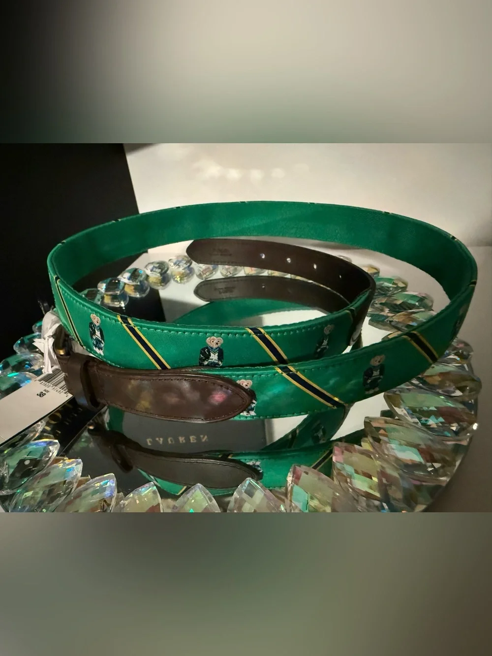 Polo Ralph Lauren Polo Bear Ribbon Leather Belt Green Brown NWT Men’s Size 38